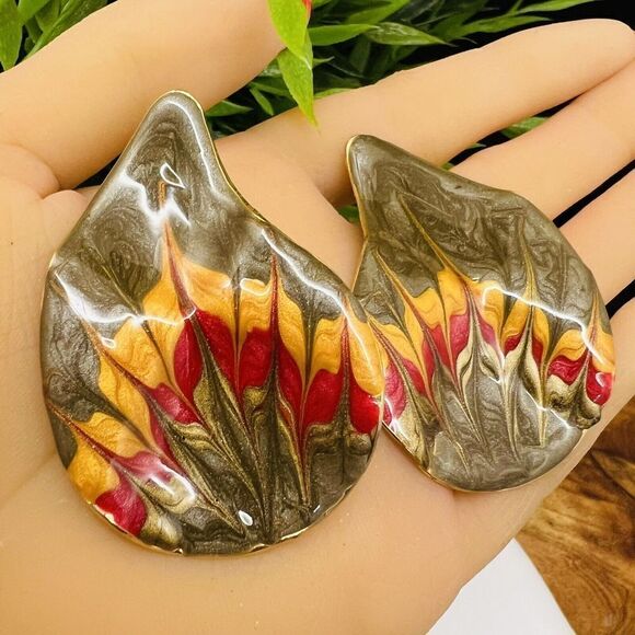 Huge Vintage Enamel Abstract Gold Earrings Green Red Yellow Flame Oversized 4001 - Picture 1 of 8